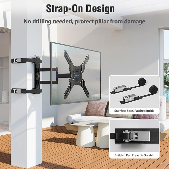 MOUNTUP Pillar TV Mount for 26"-60" TVs, Full Motion Strap-On Post Mount for Round & Square Columns, Swivel Tilt Level, No-Drill Design, Max VESA 400x400mm, Holds 77 lbs, Black MU0084