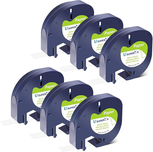 6 Pack Compatible for Dymo Letratag Refills 91330 10697 S0721510 White Paper Label Tape 1/2'' 12mm x 4m for Dymo Letratag Label Maker LT-100H LT-100T 200B QX50