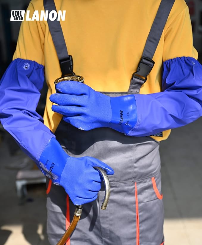 LANON 3 Pairs 26" Elbow Length PVC Chemical Resistant Gloves, Heavy-Duty Long Rubber Gloves, Acid, Alkali & Oil Protection, XL