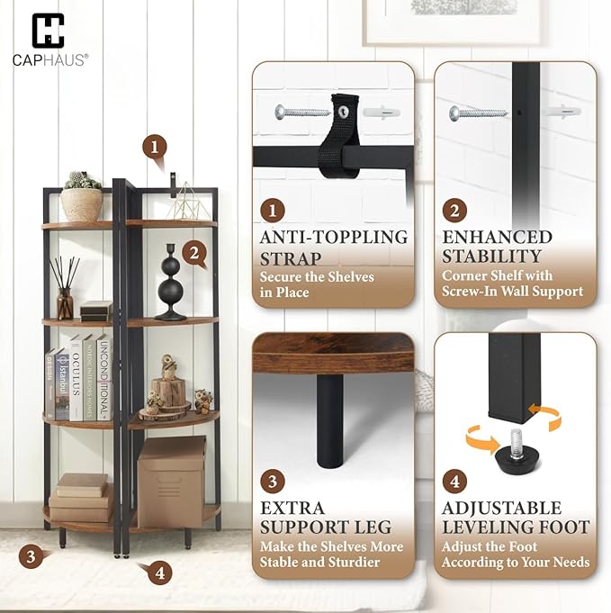 CAPHAUS 4 Tier Corner Shelf, 46.5-Inch Tall Bookshelf, Display Rack With Metal Frame, Round Shelf Unit, Small Stand for Bathroom, Living Room, Home, Office, Dark Grey