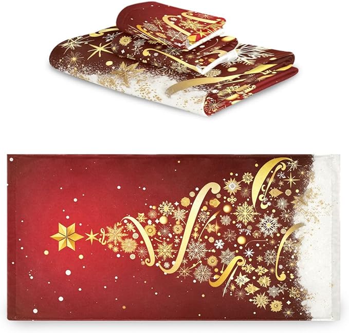 Golden Snowflakes Christmas Tree Forest Towels Set of 3 Winter Red Snowy Christmas Bathroom Towel Soft Absorbent Bath Hand Towels Washcloth Guest Towel Sets Xmas Holiday Decor