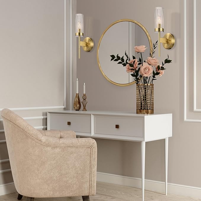 Globe Electric 1-Light Wall Sconce, Matte Brass, Ribbed Clear Glass Shade, E12 Candelabra, Dimmable, 65000103
