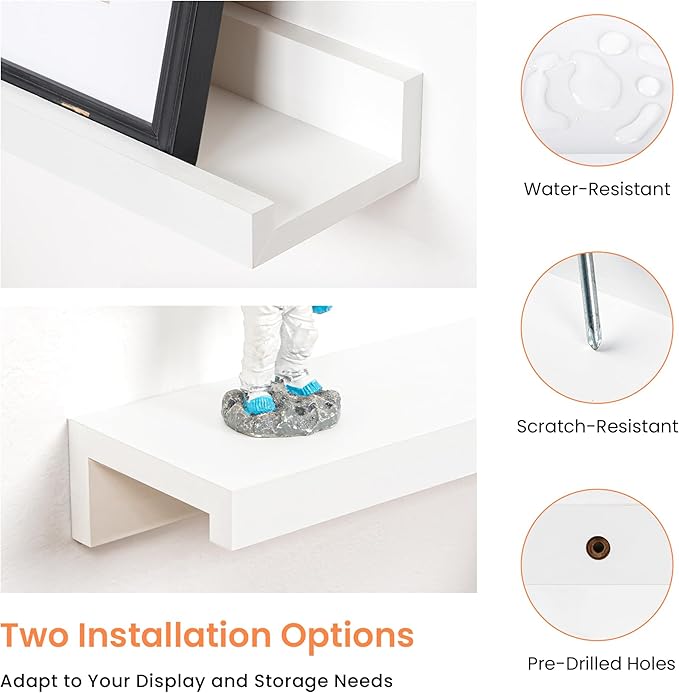 RICHFOCUS Picture Ledge Shelf, 36 inch Floating Shelves Set of 2, Wood Wall Shelves with Lip, Wall Decor Storage for Bedroom Living Room Bathroom Kitchen Nursery Photo Picture, White