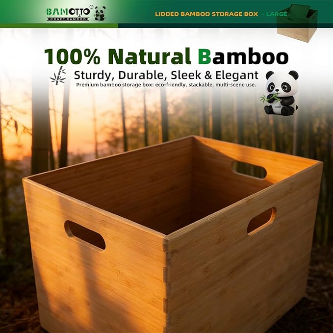 Large 14.6”x10.2”x9.6” Lidded Bamboo Storage Bins - Stackable with Handles, Box/Cube/Basket for Home Kitchen Office, Organize Tableware Toys Crafts Books