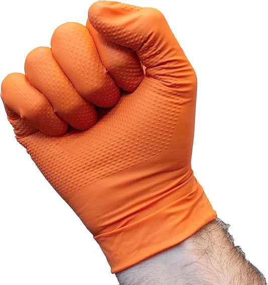 8 Mil Orange Nitrile Gloves Mechanic Grade, Oil & Chemical Resistant, Heavy-Duty Disposable for Auto Repair