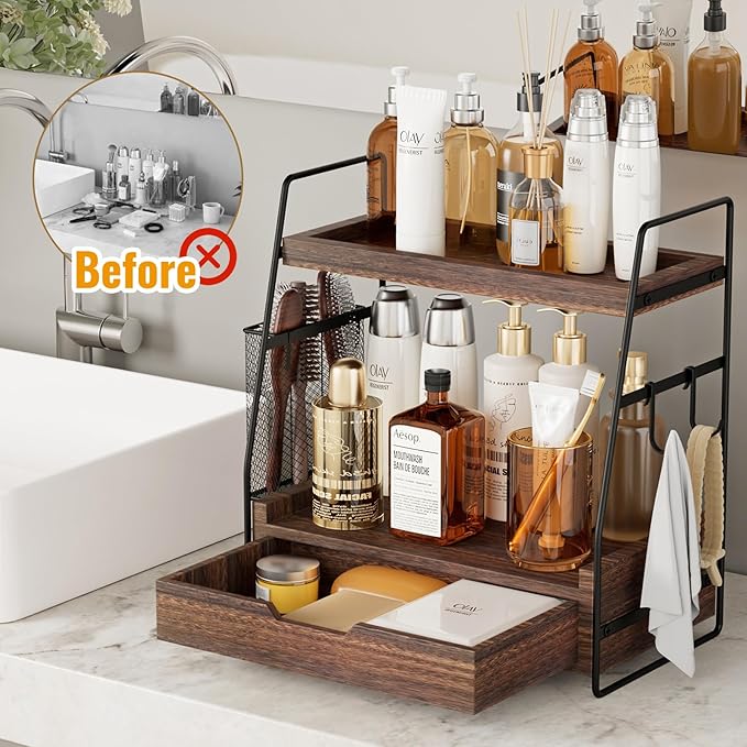 2 Tier Bathroom Counter Organizer Wood - Tiered Bathroom Countertop Shelf with Drawer, Removable Basket & 2 Hooks, Makeup Vanity Organizer for Skincare Perfume Toiletries, 13'' Rustic