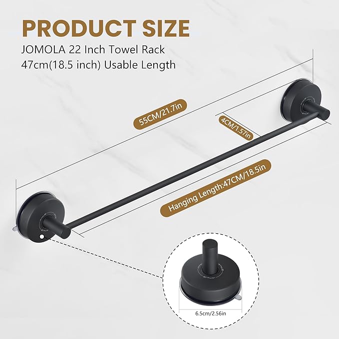 JOMOLA Towel Bar Suction Hand Towel Rack for Bathroom Stainless Steel Kitchen Towel Rail Holder Storage Hanger No Drilling Towel Bar Matte Black,22 inches