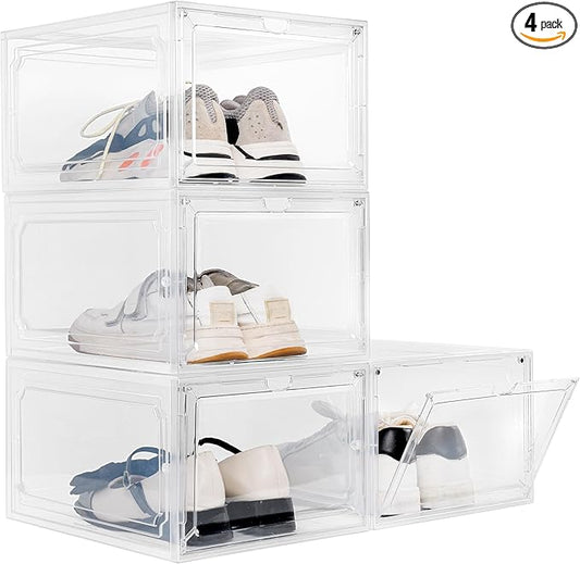 Shoe Box, Clear Shoe Storage Organizer with Magnetic Door,Stackable Plastic Shoe Boxes for Sneakers,and Heels,Durable Shoe Cabinet Organizer Space-Saving Foldable Shoe Rack for Closet, (clear, 4 pcs)