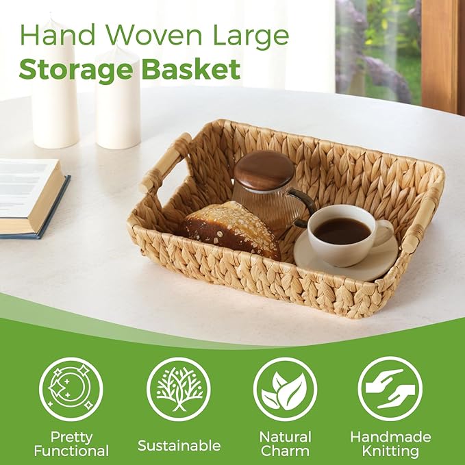Wicker Storage Basket with Wooden Handles, Large Water Hyacinth Basket for Organizing Shelves, Natural Woven Storage Baskets for Snack, Gift, 1 Pack