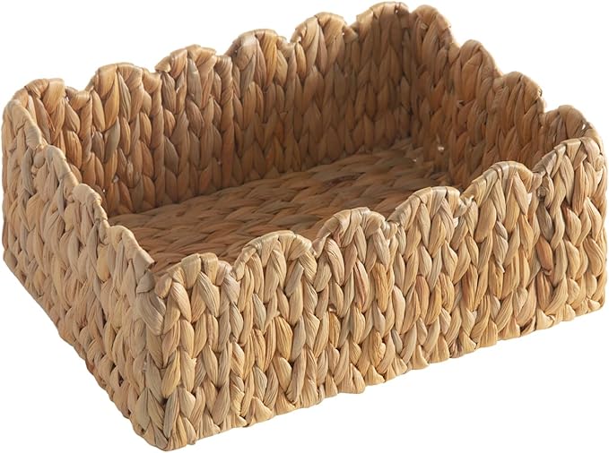 Scalloped Basket, Wicker Storage Baskets, Hand Woven Baskets for Shelves,Natural Baskets for Organizing (Water Hyacinth(M-14" L x 10.5" W x 6" H))