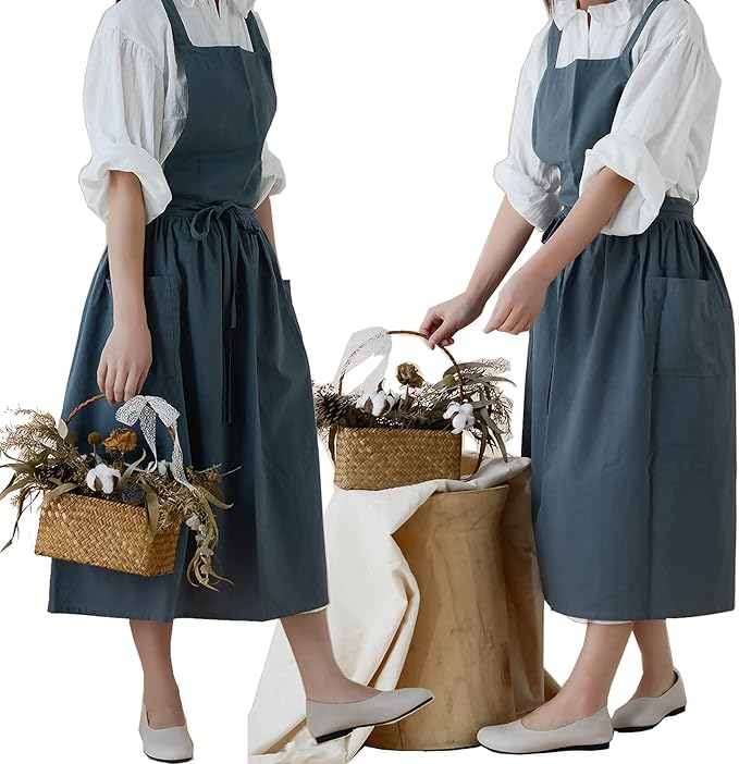 VLZUFE Women Cotton Linen Cross Back Apron for Gardening Works Pinafore Dress with Pockets Navy