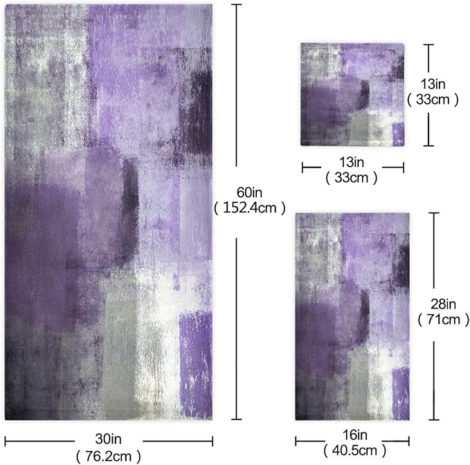 Purple Grey Art Bath Towel Set, 3 Piece Modern Decorative Absorbent Microfiber Set (1 Bath, 1 Hand, 1 Washcloth) for Fingertip, Hair, Face