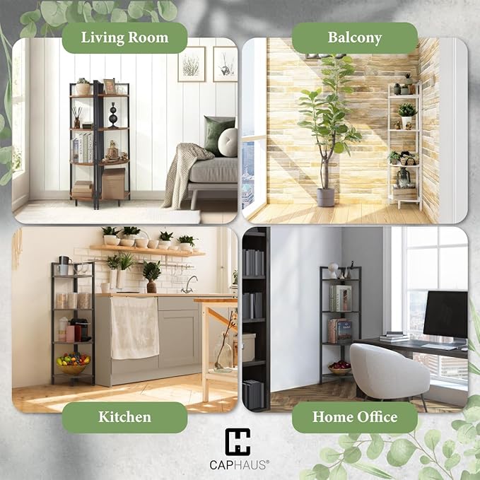 CAPHAUS 4 Tier Corner Shelf, 46.5-Inch Tall Corner Bookshelf, Metal Frame Display Rack, Round Corner Shelf Unit Rack, Small Corner Stand for Bathroom, Living Room, Home, Office, White