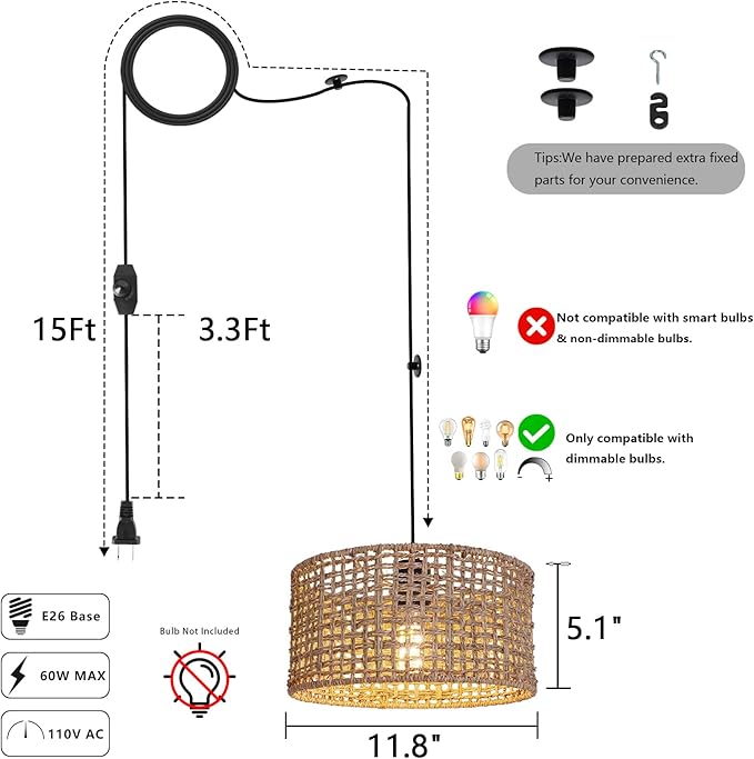 HuisMier Plug in Pendant Light with Hand Woven Rattan Lampshade, Dimmable Hanging Lamp with 15 FT Plug in Cord, Boho Pendant Light Fixture for Bedroom Kitchen Island Dinning Table