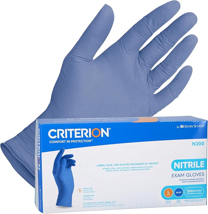 Henry Schein Criterion N200 Nitrile Exam Gloves, Latex-Free, Textured, Blue, Disposable, Ambidextrous, 200/Box