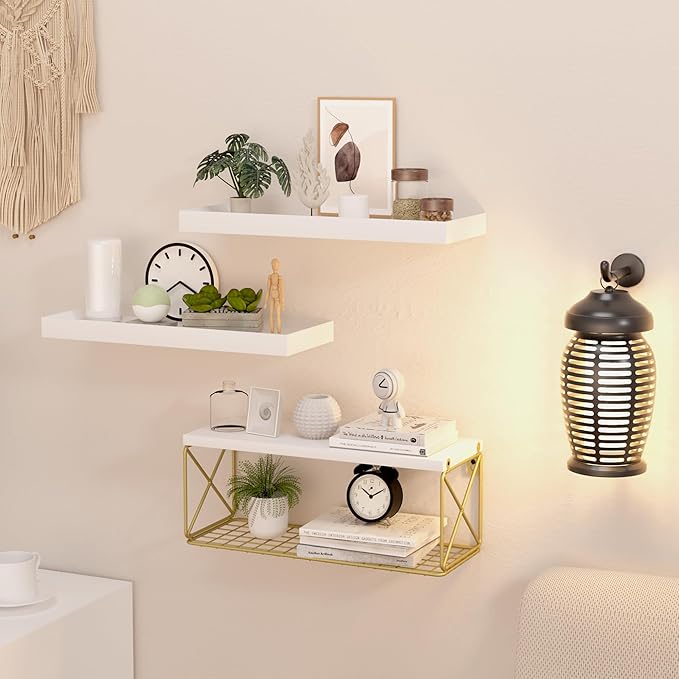 Floating Bathroom Shelves with Wire Storage Basket, Wall Mounted Shelf Over Toilet, 3+1 Tier Wall Decor Small 15.7 Inch Set of 3(White)
