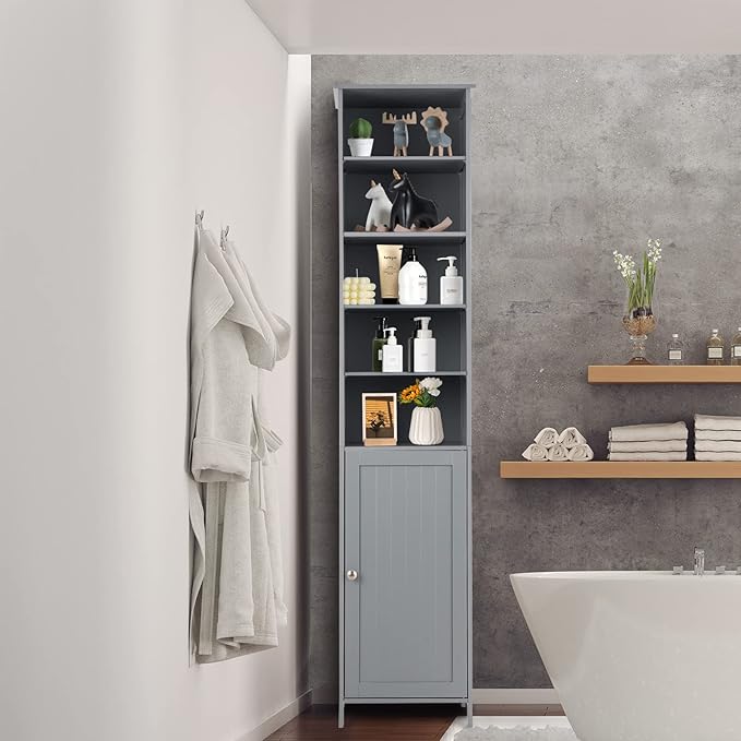 HAPPYGRILL Tall Bathroom Storage Cabinet, 72” Slim Bathroom Cabinet Organizer with 5 Open & 2 Adjustable Shelves, Anti-Tilt Design, Freestanding Storage Cabinet for Bathroom Living Room (Grey)