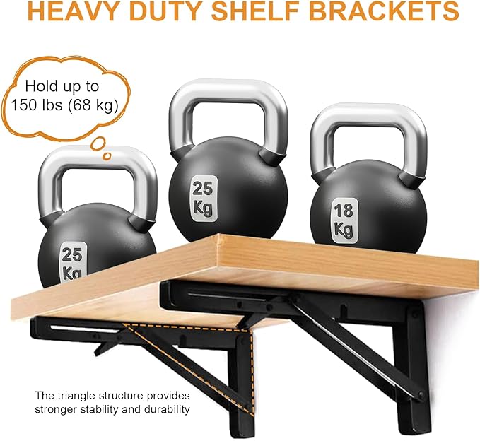 Storystore Folding Shelf Brackets - 14 Inch Heavy Duty Metal Collapsible Shelf Bracket for Bench Table, Shelf Hinge Wall Mounted Space Saving DIY Bracket, Max Load: 150 lb 2 PCS (Black)