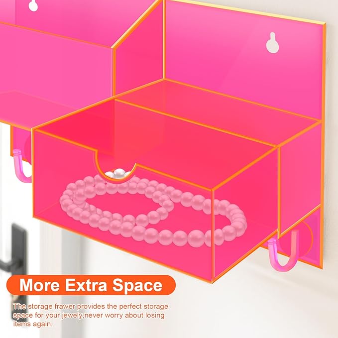 Acrylic Key Holder Wall Mount Mail Organizer for Wall with Shelf Storage Drawer and 5 Hooks, Neon Pink
