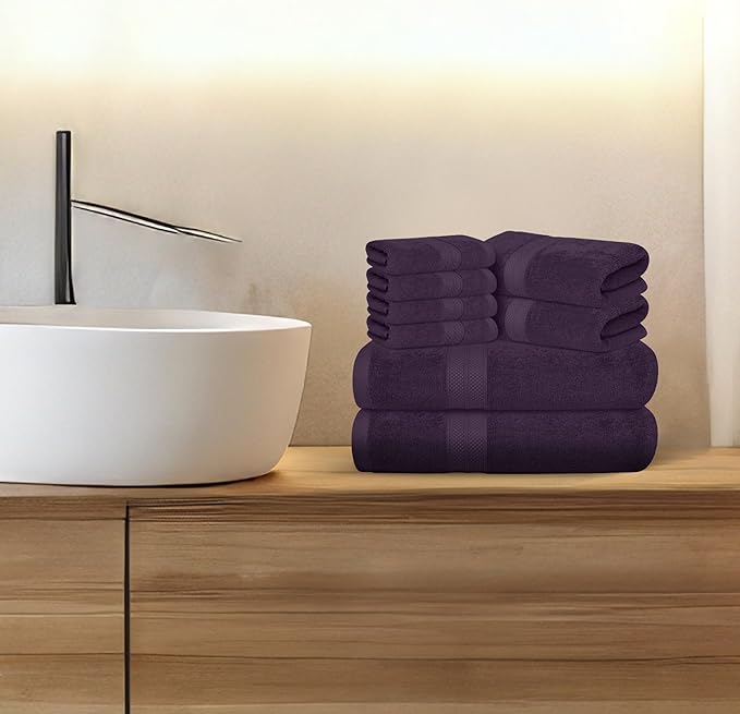 Avalon Towels Luxury 8 Piece Plum Towels Set, 2 Bath Towels, 2 Hand Towels and 4 Washcloths, 600 GSM 100% Ring Spun Cotton Highly Absorbent Plum Bathroom Towels, Ideal for Hotel, Spa and Gym