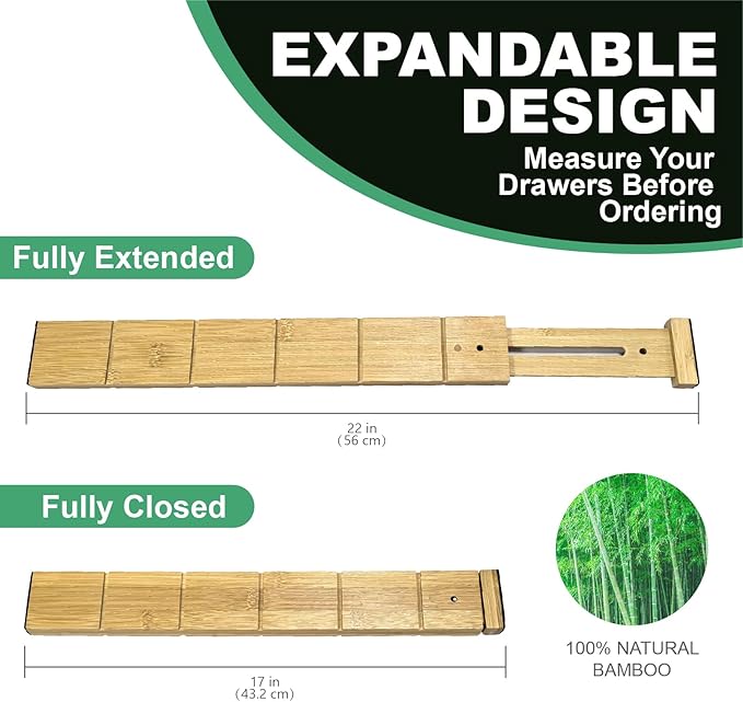 4 Pack Bamboo Drawer Dividers with Inserts and Labels – Adjustable Kitchen Drawer Organizers, Expandable Storage Solutions for Home, Office, Dressers (17-22 Inches)