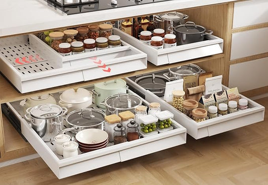 4 Pack Pull Out Cabinet Organizer With Raising Pad for Framed Cabinets,Expandable Width (13"-21") and Depth (17"-24"),3 Slide Rails Slide Out Drawers with Handle,No-Drill Roll Out Shelf,White