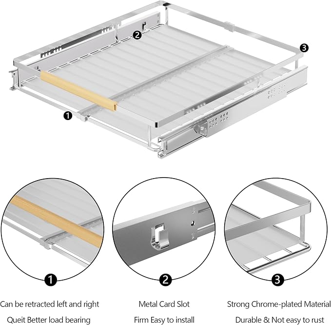 SANNO Pot Lid Organizer Pot Lid holder, Pots and Pans Organizer Drawer Plate Organizer Expandable Pull Out Cabinet Shelf, Heavy Duty Under Sink Slide Out Cabinet Organizer