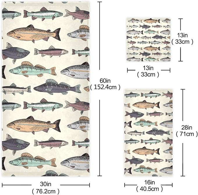 3 Piece Vintage Fishes Bath Towel Set,Microfiber Decorative Colorful Cartoon Carpet Lake Fish Animal Bathroom Towels,1 Bath Towel 1 Hand Towel for Bathroom Kitchen,1 Washcloth for Body Face