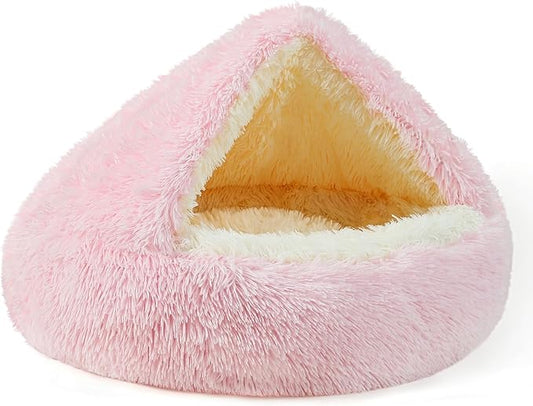 NOYAL Round Hooded Donut Dog Bed for Small & Medium Pets - Plush Fluffy Anti-Anxiety Cat Cave Bed with Cover