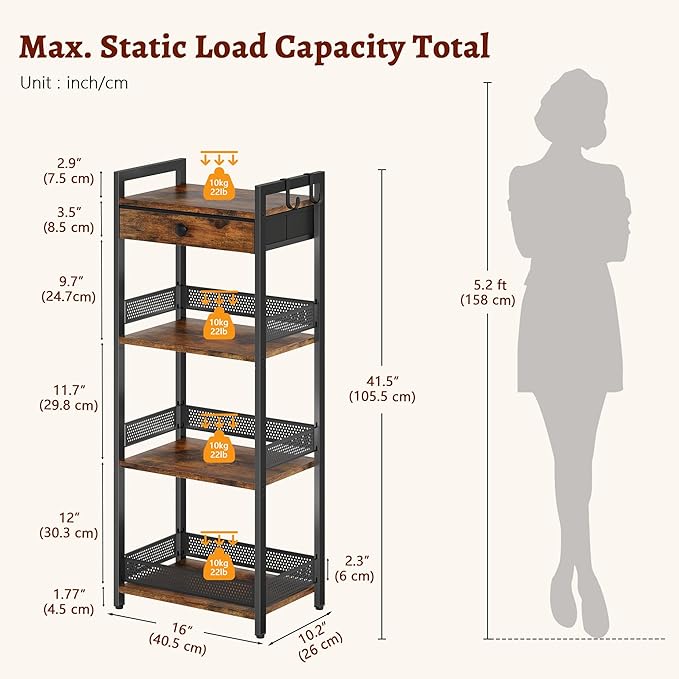 FAVOOSTY 4 Tier Ladder Shelf Stand, Bookshelf with Drawer Storage, Decorative Display Shelves Wood & Metal, Plant Shelf, Standing Shelf Unit for Living Room Bedroom Office Kitchen, Rustic Brown