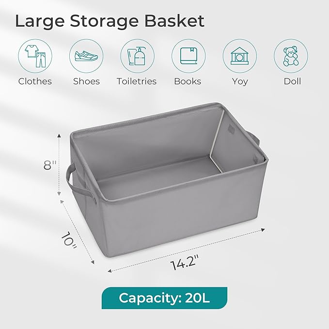 Storage Basket Bins with Metal Frame, Large Collapsible Fabric Storage Baskets for Organizing Shelf, Basket Organizer W/Handles for Blankets, Towels, Laundry, Shelves, 4-Pack, Grey