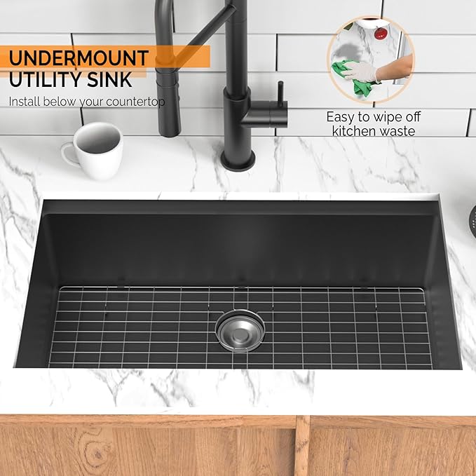 ROVSUN 33 Inch Stainless Steel Undermount, Kitchen Utility Sink, Workstation Deep Single Bowl, Integrated Ledge Multifunctional Workstation Sink Set,Black