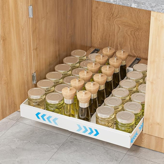Pull Out Cabinet Organizer Expandable Width(12.2"-20.47") & 21"Deep, Insputer No Drill Adhesive Slide Out Drawers with Upgrade 3 Slide Rails, Magnetic Panel, Roll Out Shelf for Kitchen, Pantry White