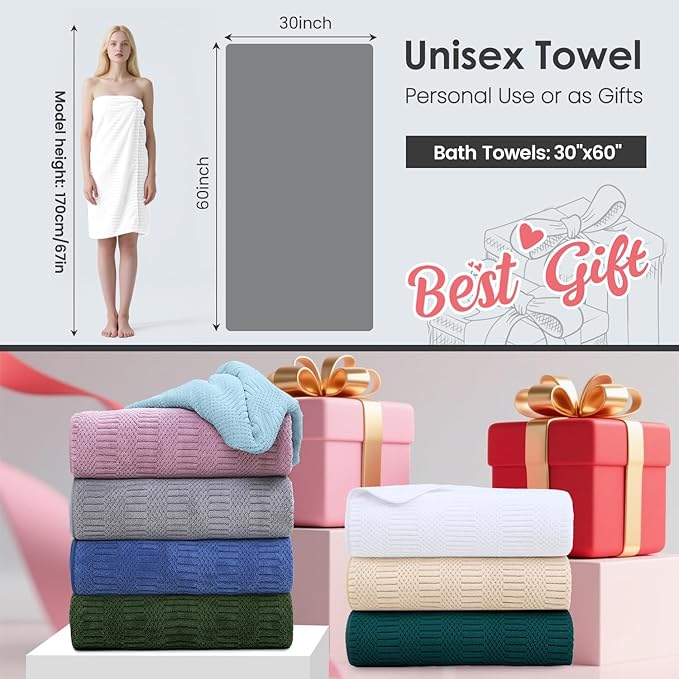 Bath Towels Set, Large Microfiber Body Towel for Adult, 2 Pack, 30" x 60", Oversized, Soft, Super Absorbent, Fast Drying, Use for Sport, Fitness, Yoga, Fleece Diamond Cross Grid White
