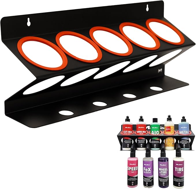 Universal Detailing Spray Bottle Holder – Mobile Detailing & Car Garage Organizer, Holds 5 Bottles (16oz) with 4 Small Holes – Lightweight Design, Easy Wall Mounting