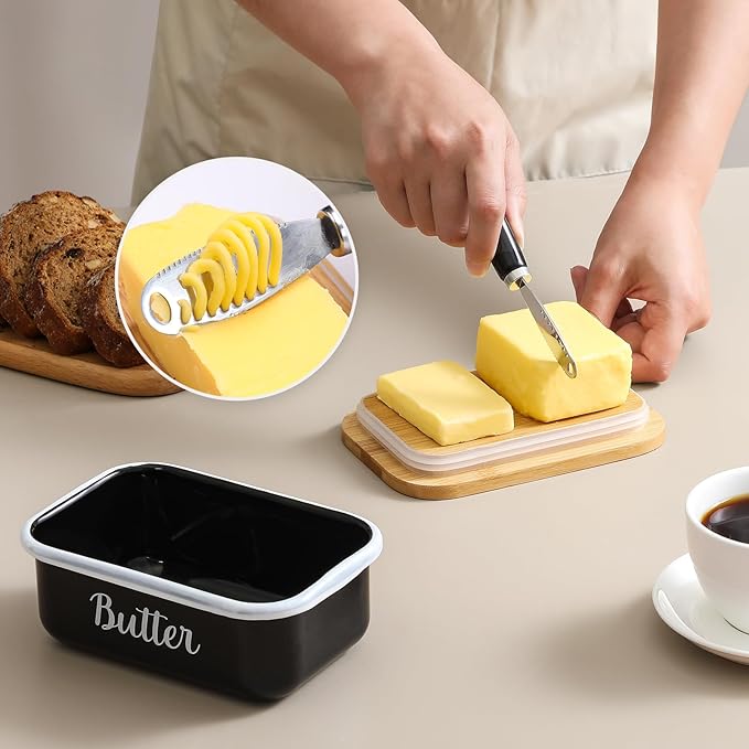 Butter Dish with Lid and Butter Curler Knife for Countertop - Unbreakable Metal Keeper Container with High-quality Double Silicone Sealing, for Kitchen Farmhouse Decor, Black