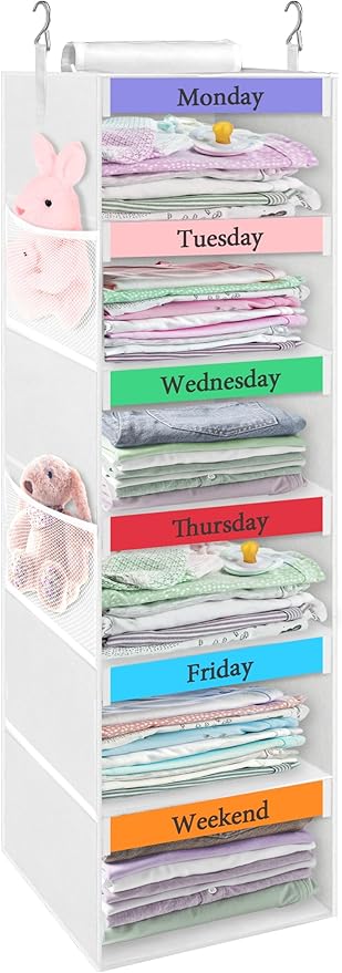punemi Weekly Clothes Organizer for Kids, 6-Shelf Hanging Closet Storage with Side Pockets, Days of The Week Design, 11.8" x 11.8" x 37.8", Perfect for Organizing a Week's Worth of Kids' Clothing