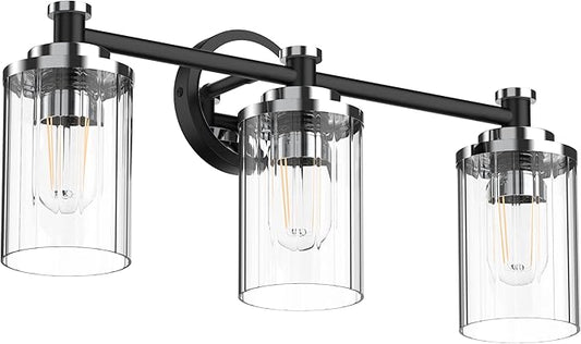 Bathroom Lighting Fixtures Black and Chrome Bathroom Vanity Light with Cylindrical Clear Stripes Glass Lampshade E26 Socket Base Bathroom Lighting Fixtures Over Mirror (3 Lights)