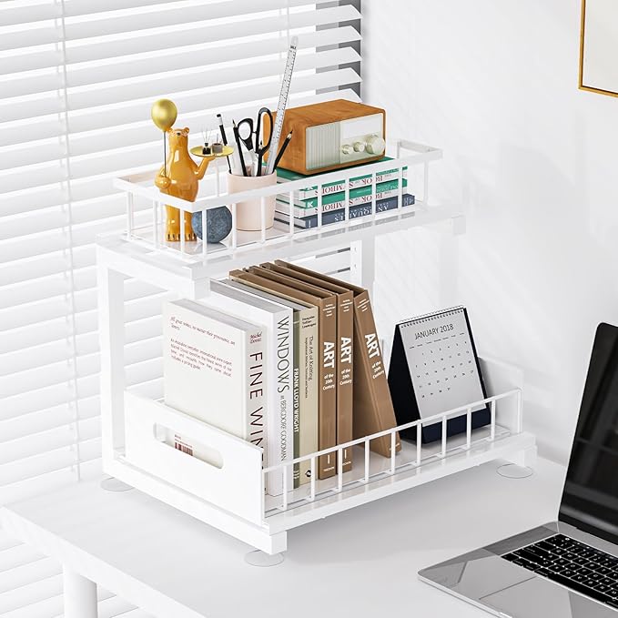Under Sink Organizer, Heavy Duty Metal Slide Out Sink Shelf Organizer Height Adjustable, Multi-Purpose Storage Shelf for Kitchen Bathroom (White,2Pack)