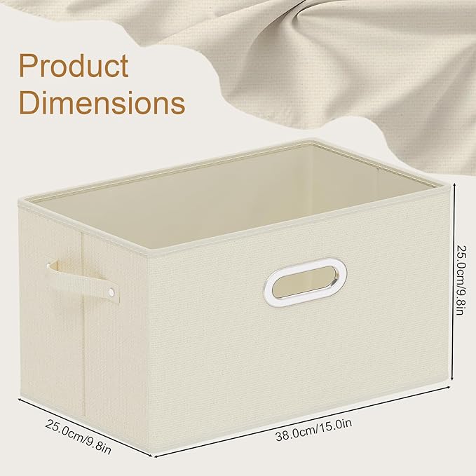 Foldable Cloth Basket with 4 Handles, Decorative Open Storage Boxes, Stackable Cube Organization, Fabric Bins for Shelves, Closet, Living Room, 15x9.8x9.8in, Beige, 2 Pack
