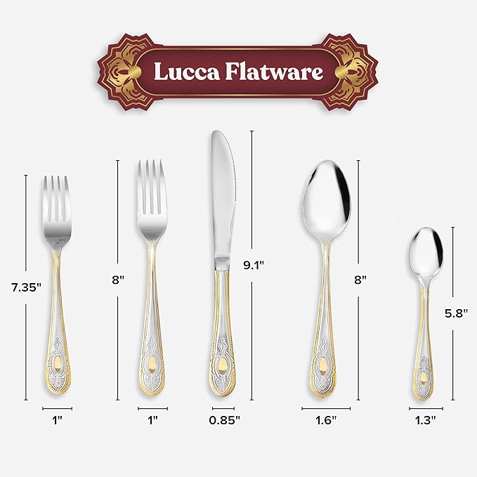 5 Piece Flatware Set - Service for 1-18/10 Stainless Steel Silverware - Vintage Design Handle with Gold Detailing - Dishwasher Safe - Durable Cutlery - First Apartment Essentials (Lucca)