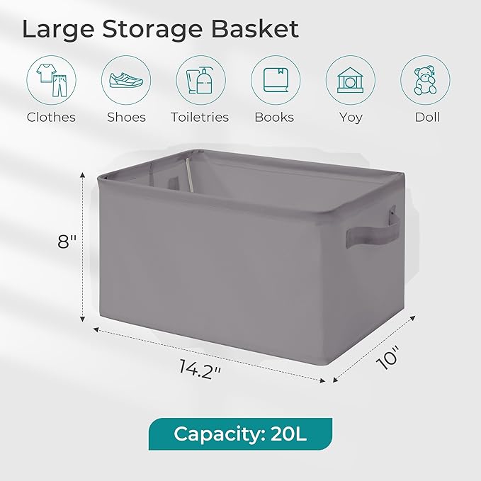 Storage Basket Bins with Metal Frame, Large Collapsible Fabric Storage Baskets for Organizing Shelf, Basket Organizer W/Handles for Towels, Laundry, Office, Home, 7-Pack, Grey