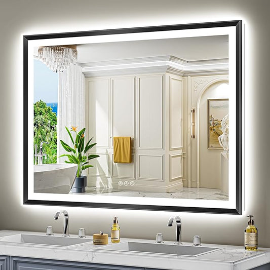 55x40 Black Framed LED Bathroom Mirror with Lights, Backlit and Front Light, Lighted Bathroom Vanity Mirror for Wall Dimmable Anti-Fog Memory Tempered Glass Horizontal/Vertical