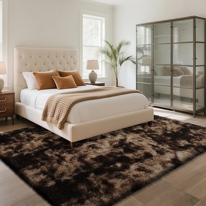 Fluffy Rug Shaggy Area Rug, Mottling Brown 4x6 Area Rugs for Bedroom, Small Bedside Rug, Soft Fluffy Shaggy Entryway Throw Rugs for Living Room Bedroom Kids Room Home Decor