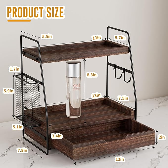 2 Tier Bathroom Counter Organizer Wood - Tiered Bathroom Countertop Shelf with Drawer, Removable Basket & 2 Hooks, Makeup Vanity Organizer for Skincare Perfume Toiletries, 13'' Rustic
