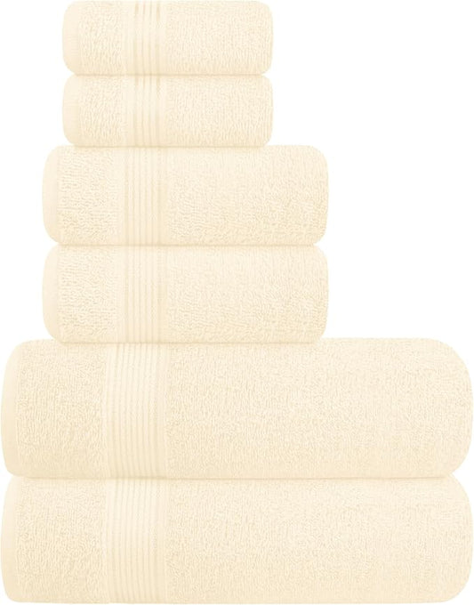 Elvana Home Ultra Soft 6 Pack Cotton Towel Set, Contains 2 Bath Towels 28x55 inch, 2 Hand Towels 16x24 inch & 2 Wash Coths 12x12 inch, Ideal for Everyday use, Compact & Lightweight - Ivory