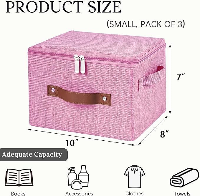 3 Pack Storage Bins with Zipper Lid Fabric Lidded Storage Boxes Baskets Cubes Washable Collapsible PU Leather Handle Cotton Linen Shelves Closet Organizer Container(Pink, Small Size)