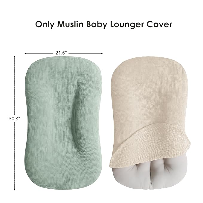 Muslin Baby Cover for Newborn, Soft and Breathable 100% Cotton Lounger Slipcover Neutral, Pack of 2(Green, Ivory)