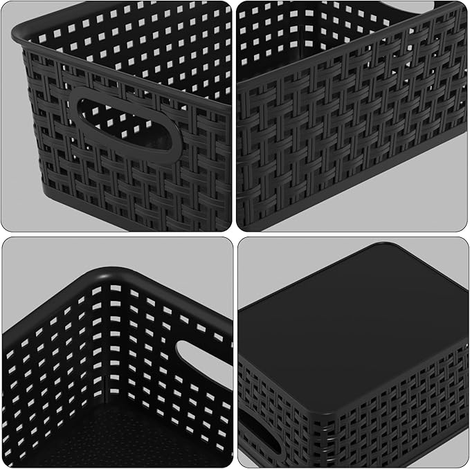 6 Pack Plastic Storage Basket Bins with Lid, Plastic Lidded Storage Bins Shelf Basket for Bathroom, Classroom, Office, Black