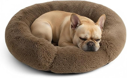Fluffy Dog Bed Calming Donut Beds for Large Dogs Warming Round Small Medium Pet Nest Cozy Cat Mattress Indoor Washable Puppy Kennel Kittens Sleep Mat (M, 27.5×27.5 inch, Light Brown)